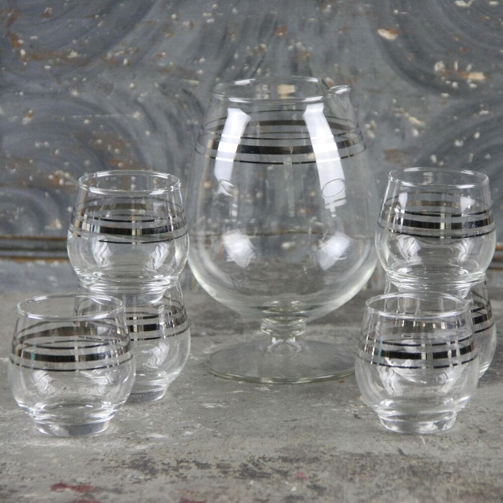 Blendo Cocktail Pitcher, 6 Roly Poly Glasses with Gold Bands,West Virginia Glass